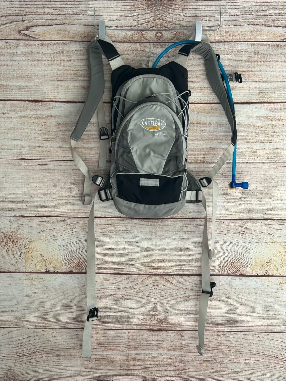 CamelBak Hydration Pack Gray with Blue Tube & Extra Omega Reserve bag.